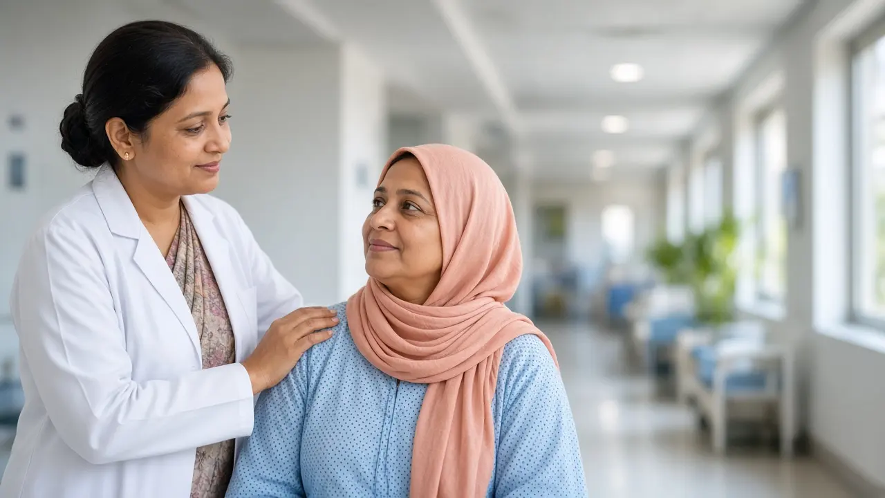 A clinician supporting a person during a cancer care visit