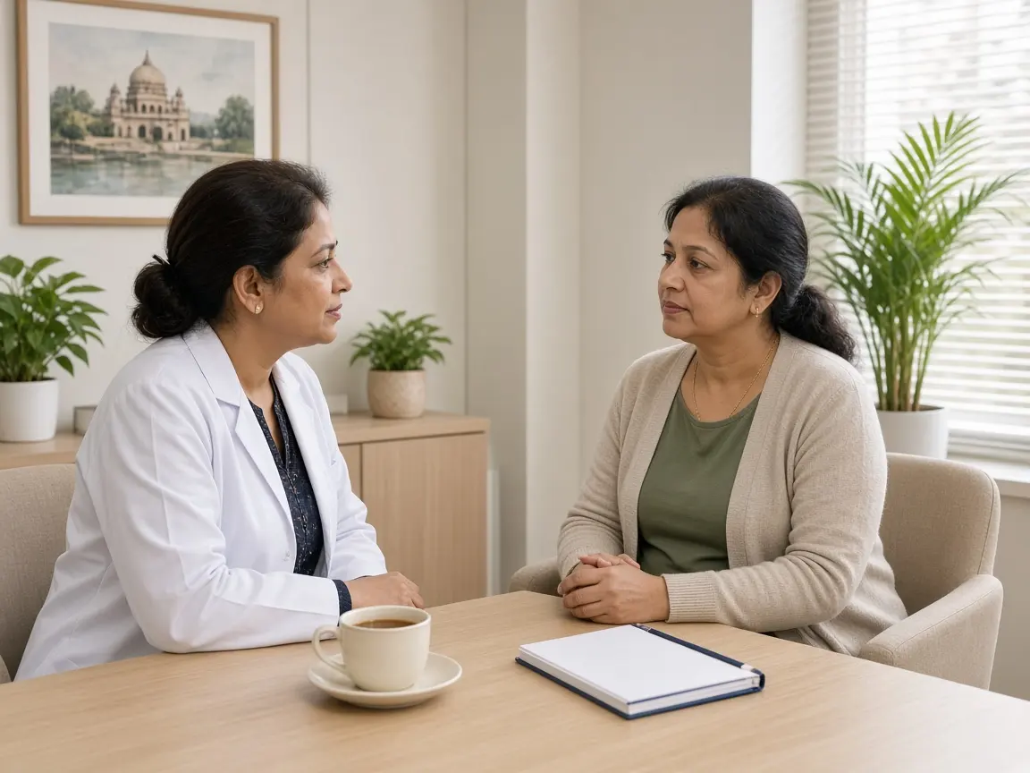 A doctor speaking with a woman during a breast cancer consultation