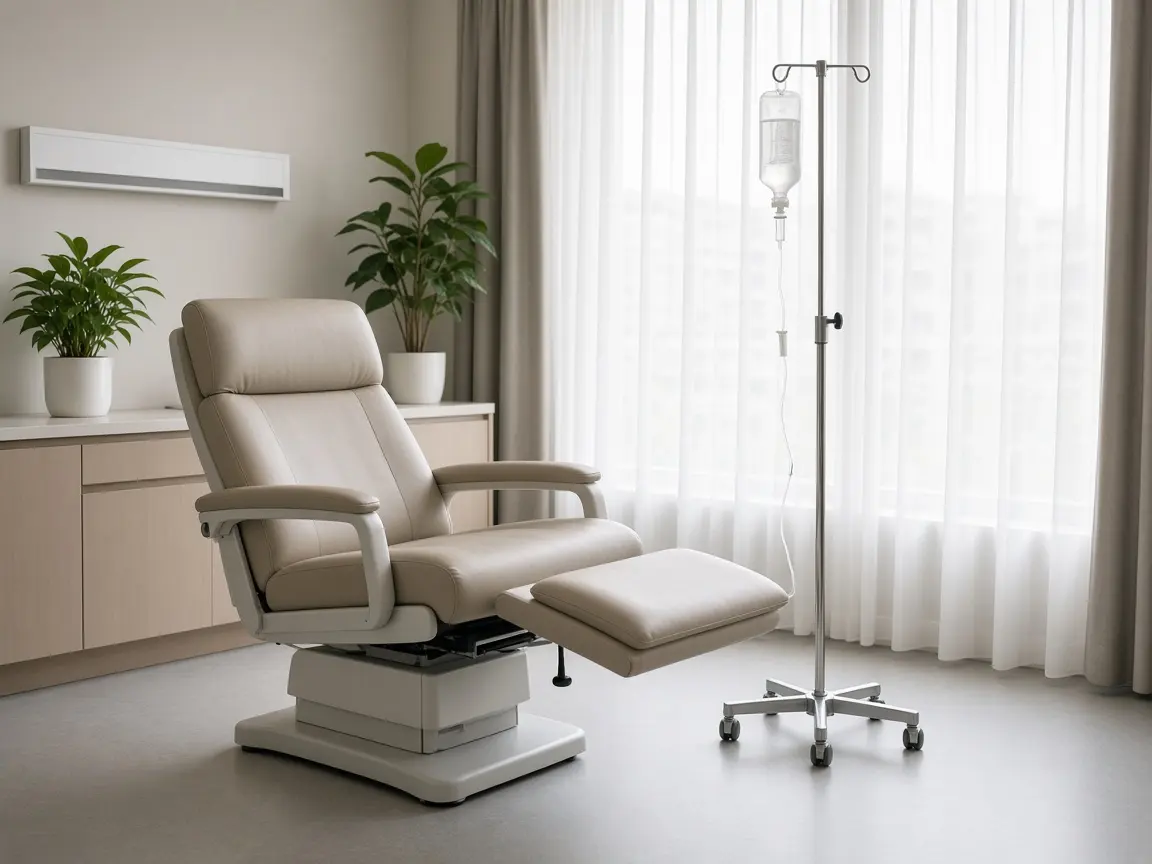 A treatment chair and infusion stand in a chemotherapy day-care room