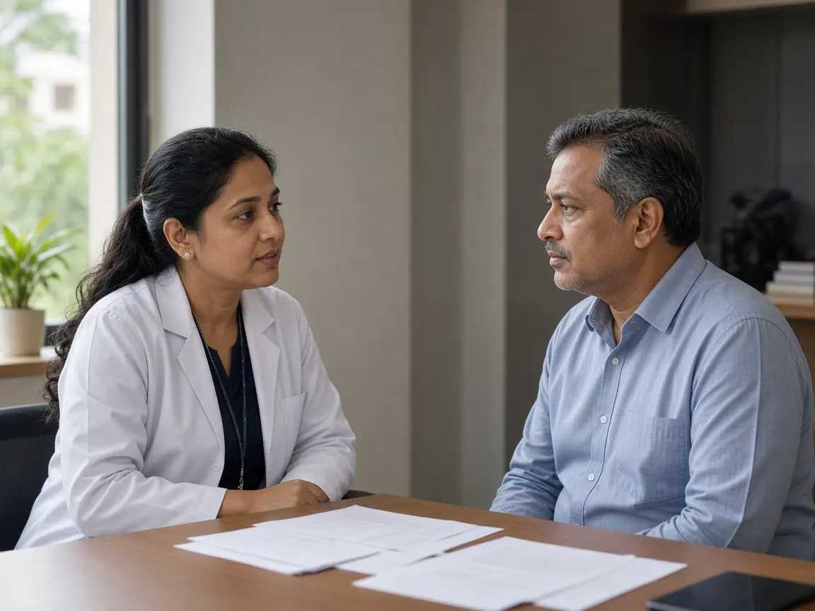 A doctor speaking with a man during a colorectal cancer consultation