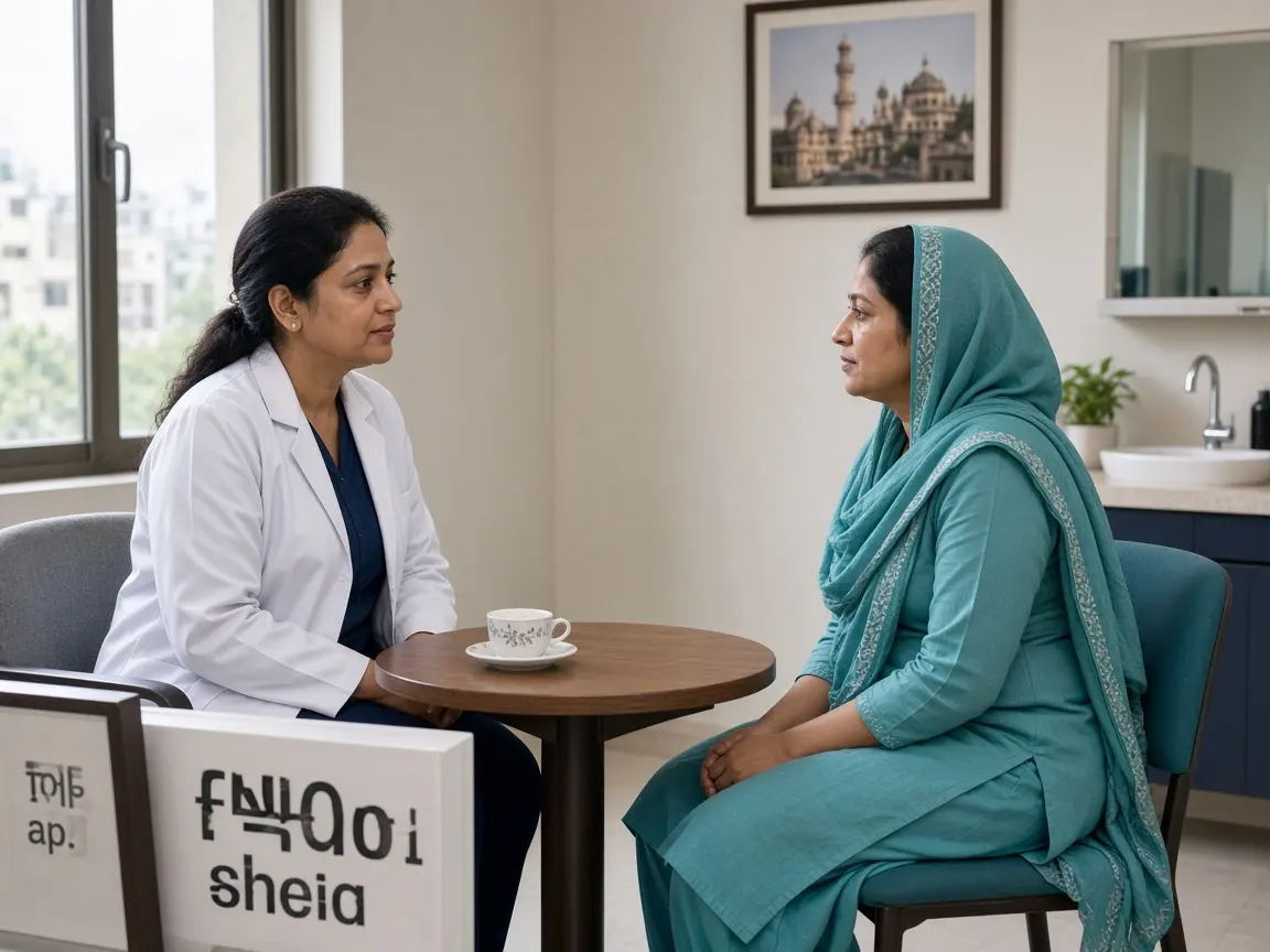 A doctor speaking with a woman during a gynecological cancer consultation