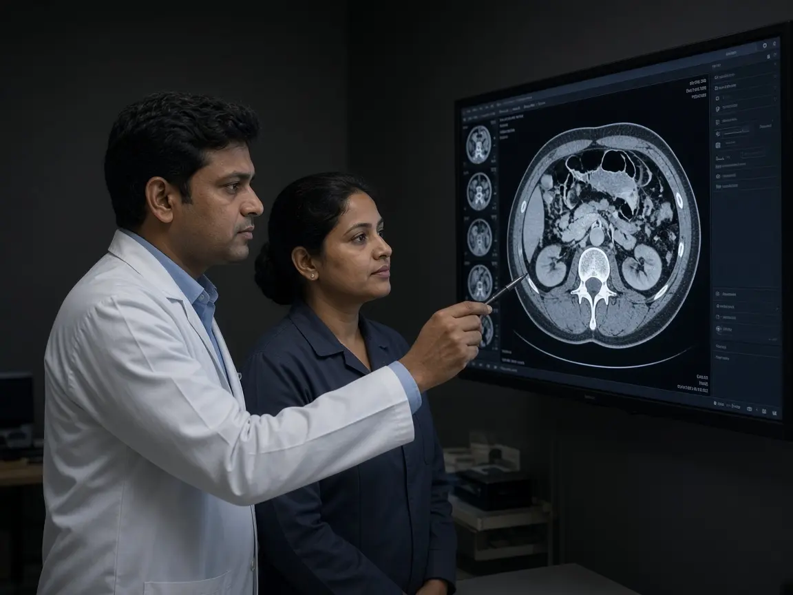 A doctor reviewing an abdominal CT scan for liver, pancreas, and bile-duct cancers