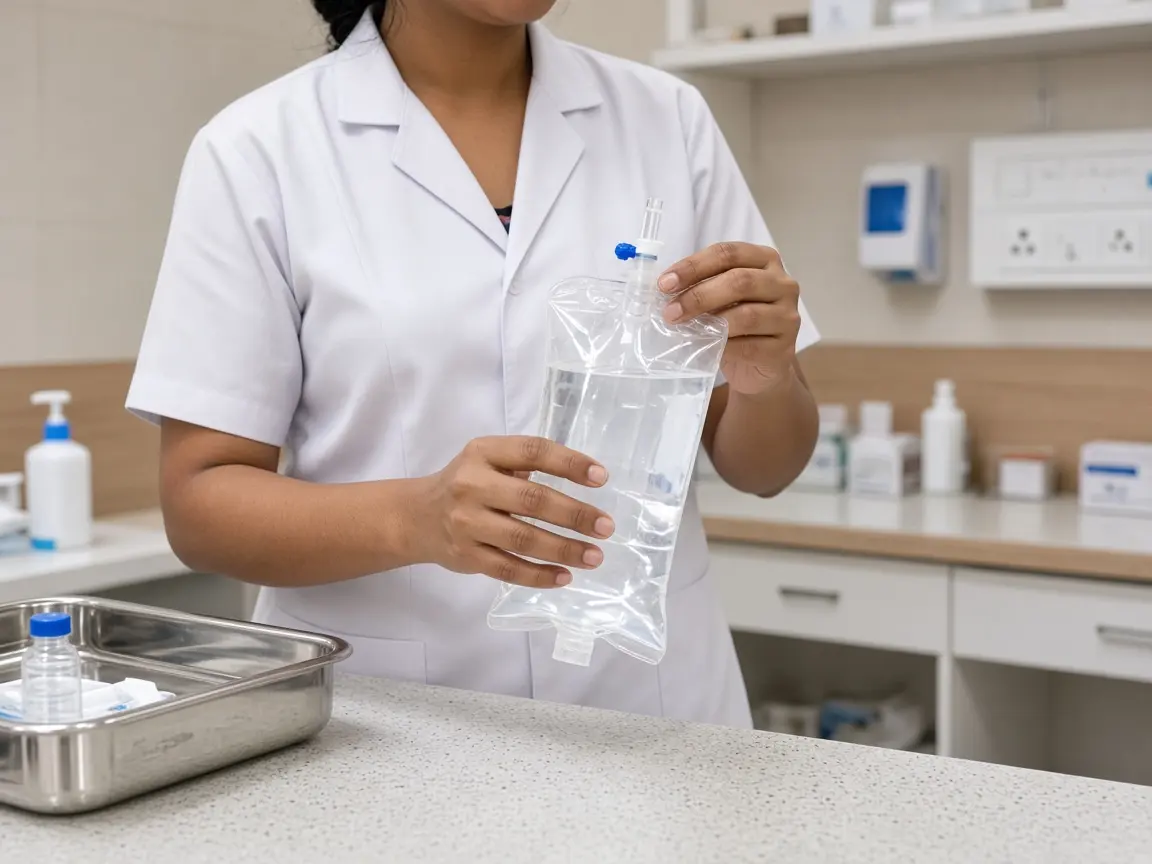 A clinician preparing an intravenous infusion bag