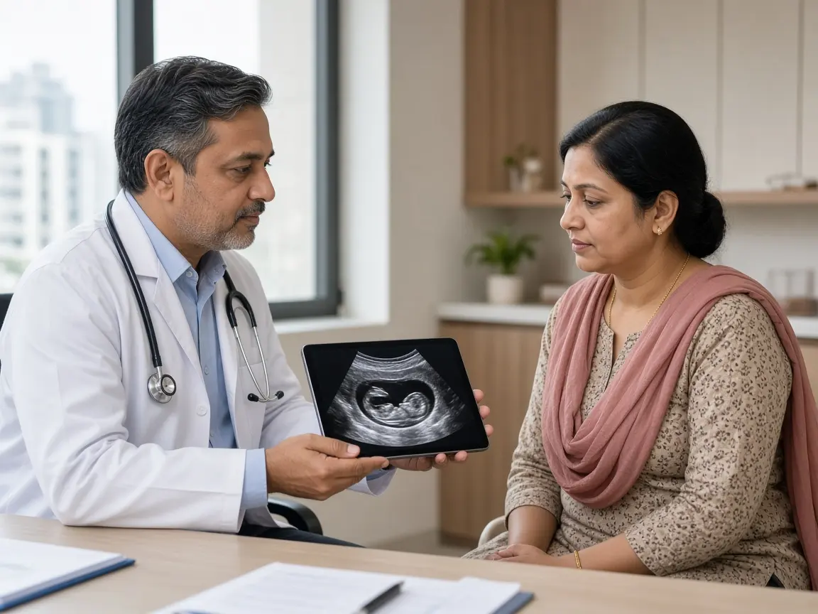A doctor showing a scan on a tablet during a kidney cancer consultation