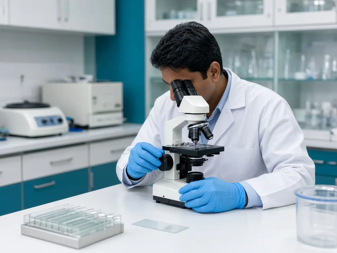 A gloved hand adjusting a microscope beside glass slides in a laboratory