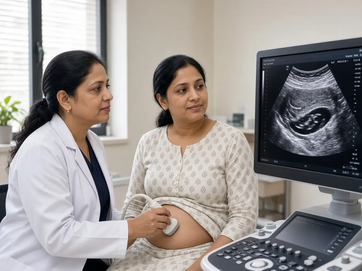 A doctor reviewing an ultrasound with a woman during a liver cancer consultation