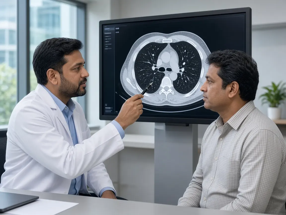 A doctor reviewing a chest CT scan with a patient