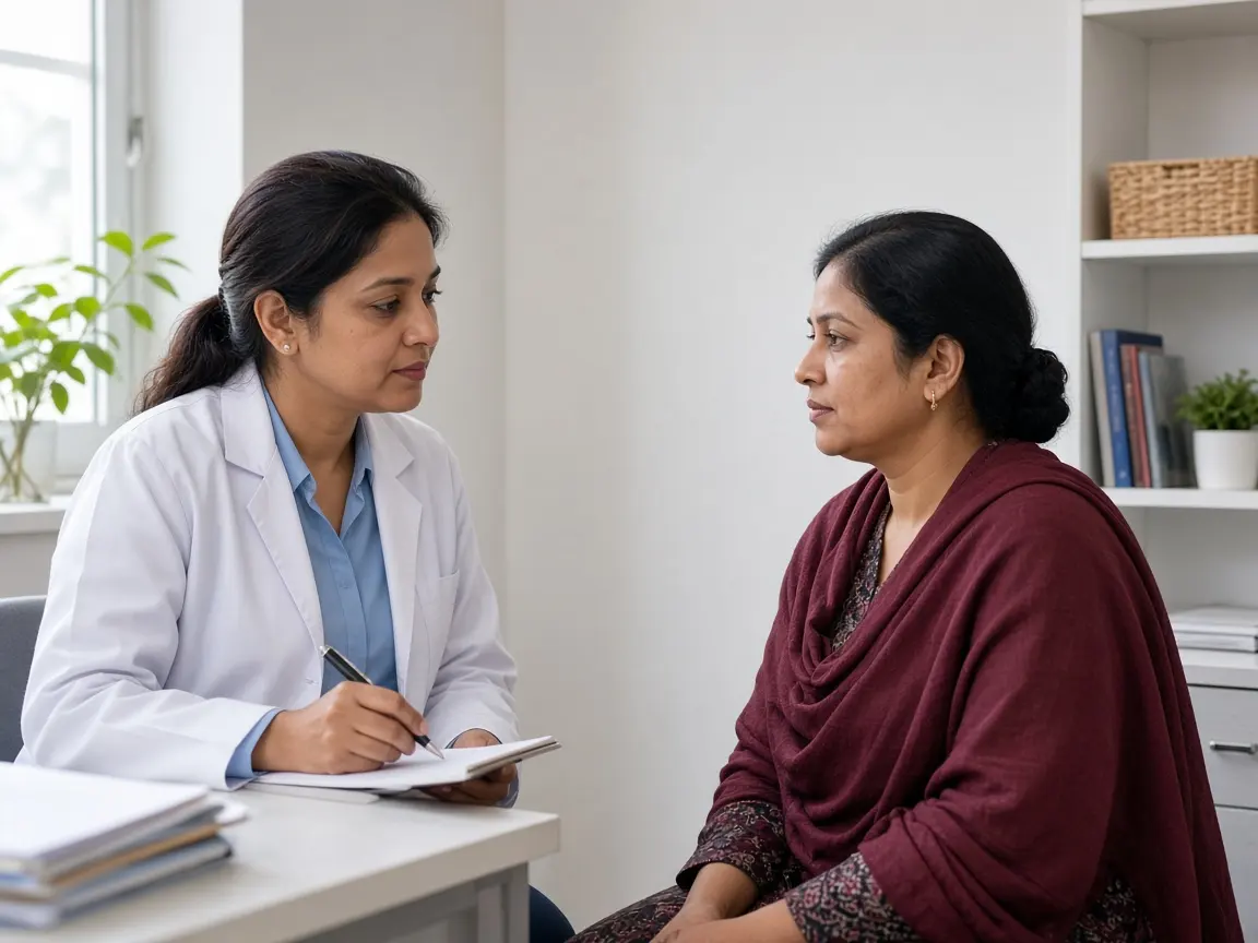 A doctor reviewing notes with a woman during a lymphoma consultation