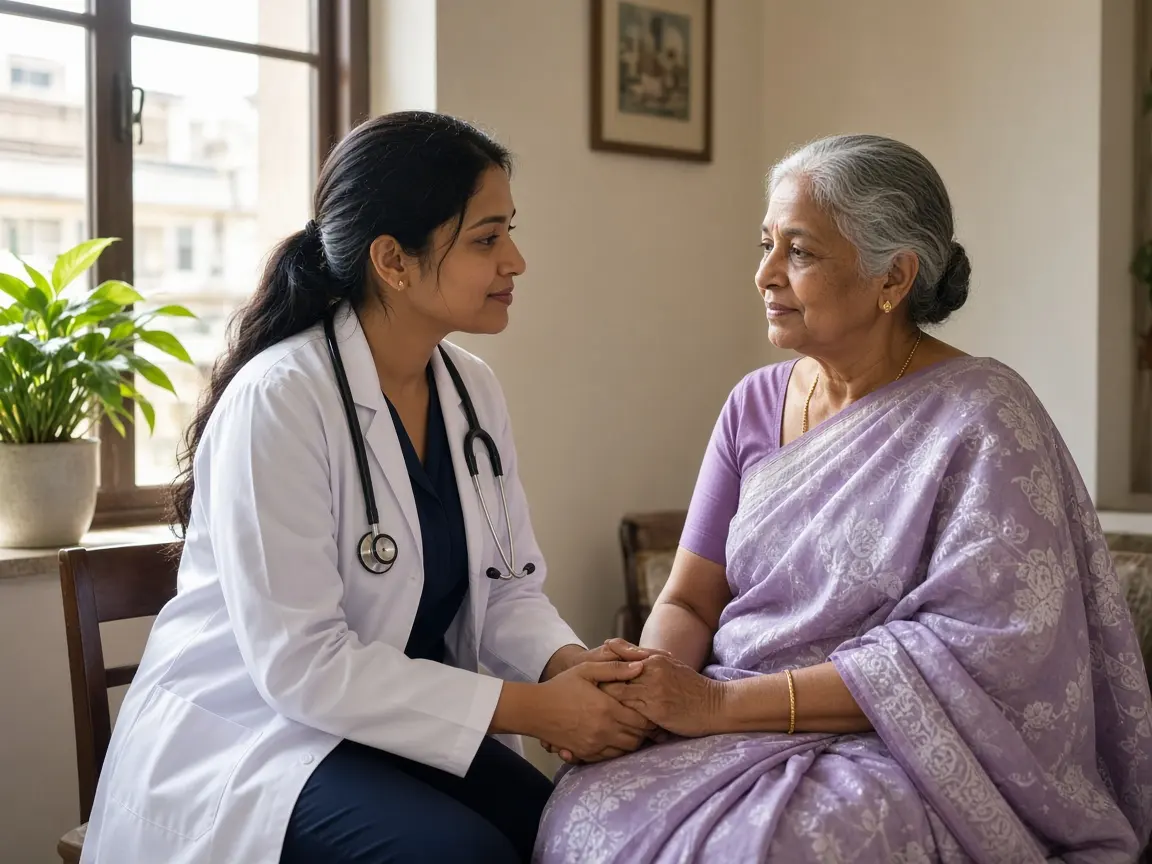A clinician sitting with an older woman during a palliative care conversation