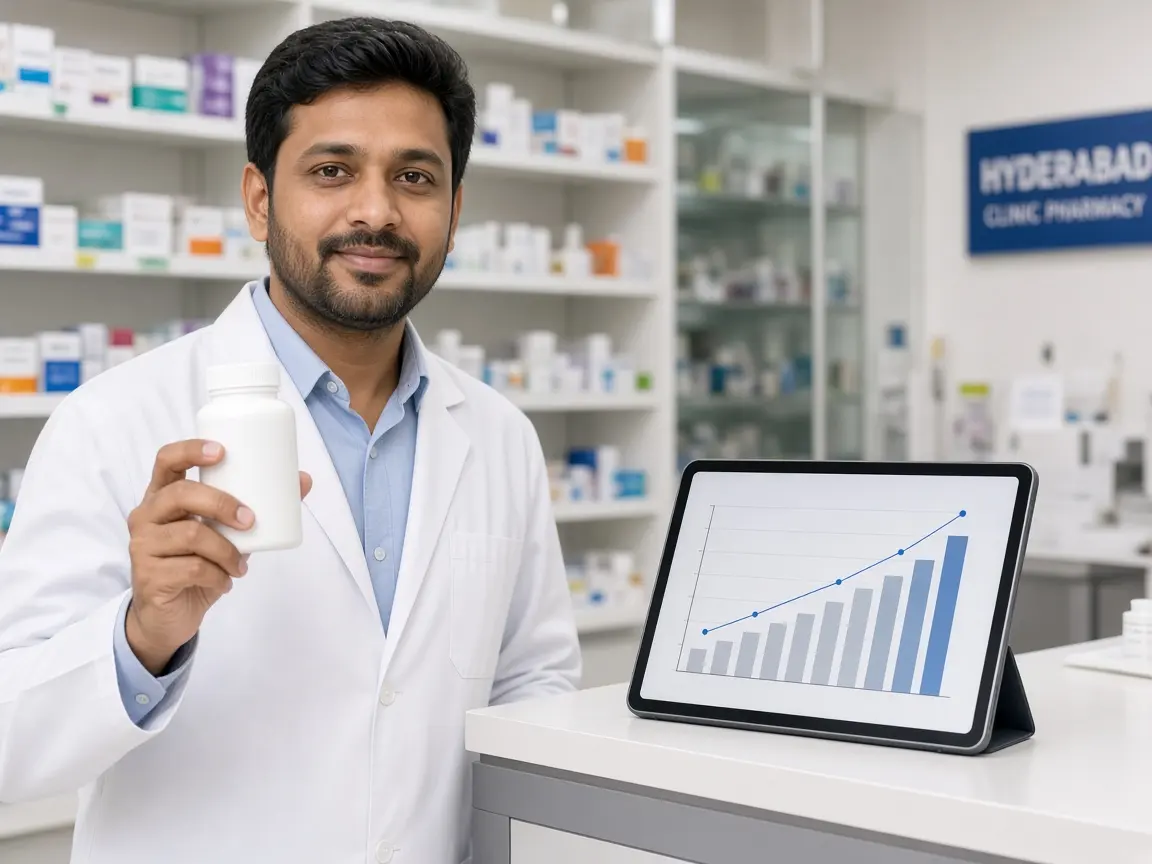 A clinician holding a medicine bottle beside a tablet